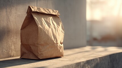 warmly textured slightly crumpled brown paper lunch bag stands upright on a concrete step bathed in the soft diffused sunlight of a pleasant suburban afternoon suggesting convenient food delivery