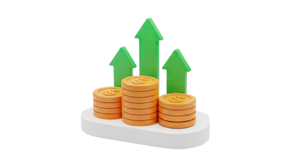 Stacked Coins with Upward Trend Arrows on transparent background