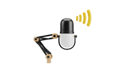 Retro Microphone with Boom Arm and Sound Waves on transparent background