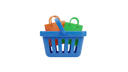 Shopping basket with colorful shopping bags on transparent background