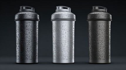 three sleek modern fitness shaker bottles with condensation perfect for gym enthusiasts and healthconscious individuals seeking portable hydration solutions