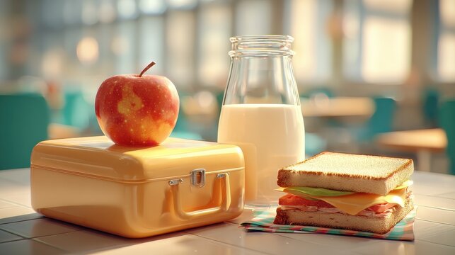 school lunchtime delight an inviting scene presents a school lunch box with an apple sandwich and milk on the table in front of blur background