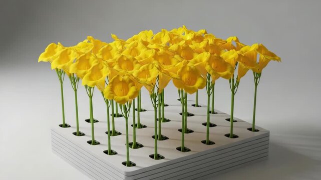 An organized array of vibrant yellow flowers standing in a modern grid structure. Composite sequence showing gentle movement symbolizing nature innovation and systematic growth