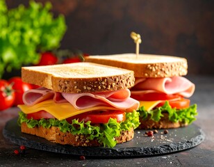 Two appetizing sandwiches with ham, cheese, and vegetables