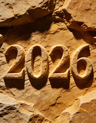 Macro shot of the numbers &ldquo;2026&rdquo; carved into a warm textured stone surface, soft side lighting highlighting rough edges, shadows, and tactile details, symbolizing strength and passage of time