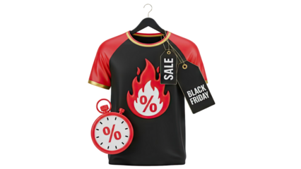 Black Friday T-shirt Sale with Timer and Flames on transparent background