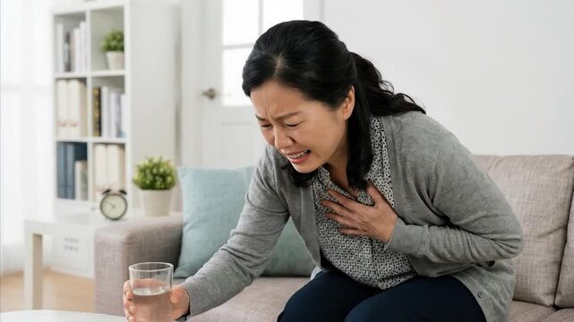 A mature female clutches her chest in obvious pain, urgently reaching for a glass of water at home. Her distressed expression conveys sudden illness, intense anxiety, or a personal health crisis, maki