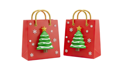 Christmas Shopping Bags with Christmas Trees and Snowflakes on transparent background