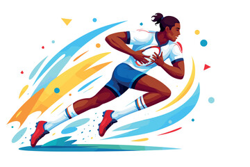 Corporate modern illustration of rugby sevens player sprinting with ball.