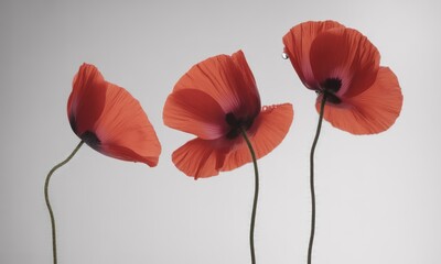 Three vibrant red poppies, slightly angled,  with delicate petals and slender stems,  against a plain gray background