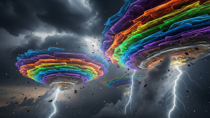 Rainbow Spiral Discs in Stormy Sky