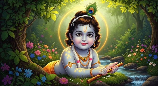 Adorable Baby Krishna in Lush Forest Setting.