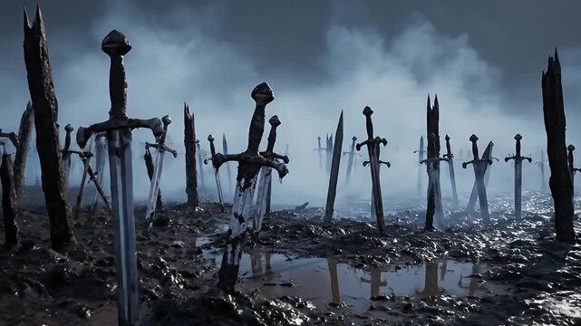 Mysterious Battlefield Aftermath: Abandoned Weapons in Heavy Mist
