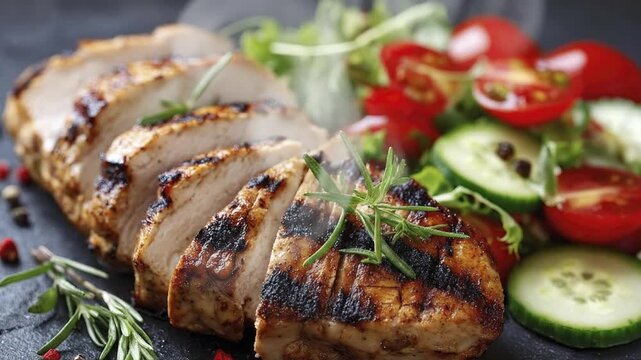 A mouth-watering close-up showcases perfectly grilled, tender chicken breast, expertly sliced and garnished with fragrant rosemary sprigs. The succulent meat, with its appealing golden-brown char mark