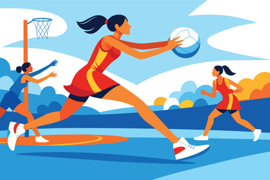 Corporate modern illustration of netball player passing ball in team match.
