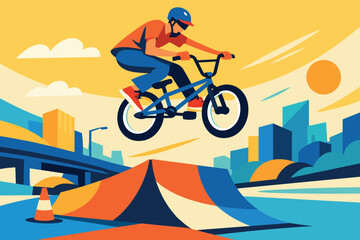 Obraz premium Corporate modern illustration of BMX rider performing aerial jump over ramp.