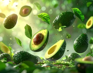 Floating avocado halves and whole fruits with leaves against a green backdrop