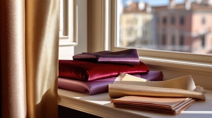 Elegant Display of Colorful Textiles on Windowsill with Soft Natural Light and Scenic City Background