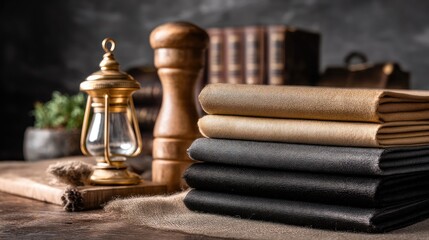 Antique Style Still Life with Vintage Items, Textiles, Wooden Grinder, Clock, and Books in Warm Tones