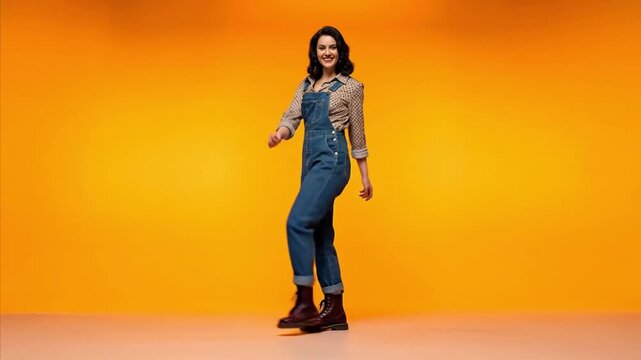 A radiant young adult woman with a joyful expression and dark, wavy hair, dressed in stylish denim overalls and sturdy brown boots, strikes a dynamic pose against a vivid orange studio background. Her