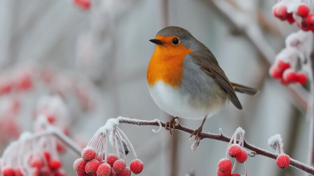 European robin perched on a frosty branch with red berries in winter light creating a calm natural wildlife scene of seasonal beauty and cold weather survival