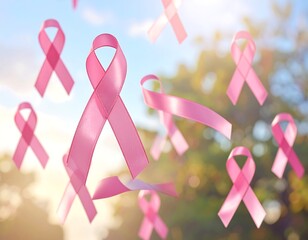 Floating pink ribbons symbolize solidarity, support for cause