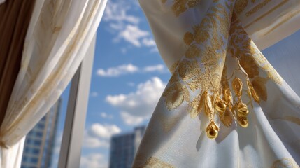 Elegant Golden Curtains with Blue Sky View Through Window in Modern Interior