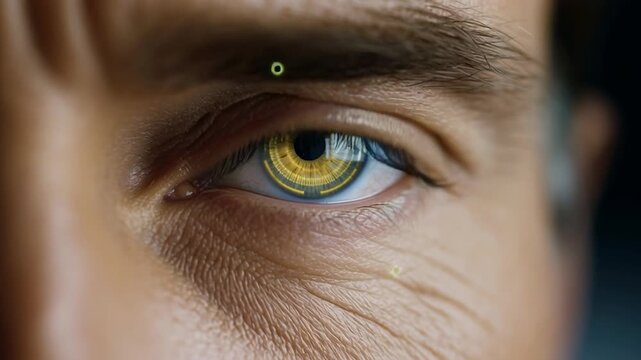 An engaging exploration of a striking eye featuring vibrant blue and yellow hues. This captivating detail brings to life the beauty of iris patterns and colors, showcasing artistic expression