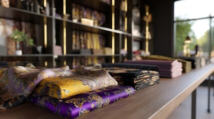 Elegant Display of Colorful Fabrics and Textiles in Boutique Setting with Modern Interior Design and Natural Light