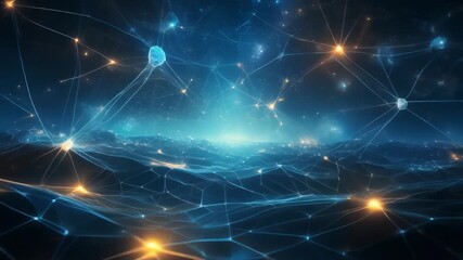 Abstract digital network with glowing connections and data points in a futuristic blue and orange landscape. - Powered by Adobe