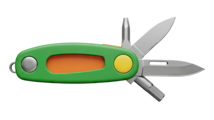 Green pocket knife with orange and yellow accents on transparent background