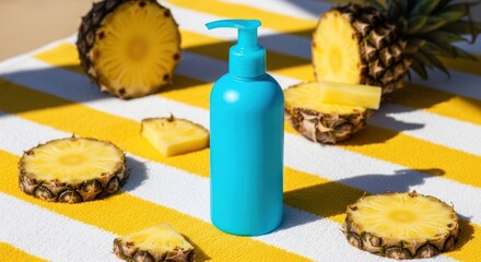 Turquoise lotion bottle amidst pineapple slices on a striped towel