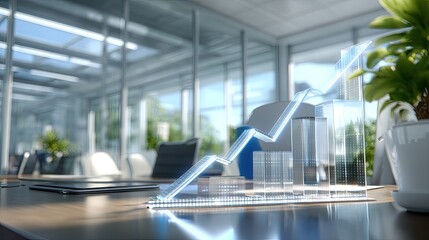 Modern Office Visualization of Business Growth Graph with Transparent Bars and Line on Wooden Desk Surrounded by Greenery