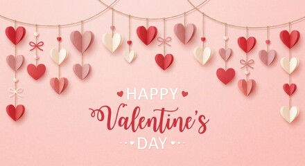Hanging paper hearts of various sizes and shades with "Happy Valentine's Day" on a pink background.