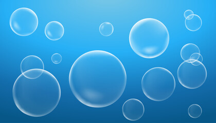 Clean and modern vector illustration of transparent air bubbles floating underwater against a soft blue gradient background. Perfect for refreshing designs and aquatic themes.