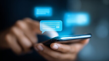 Close-up of a persons hands holding a smartphone displaying glowing blue chat message icons, representing digital communication and online social networking.