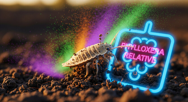 Phylloxera relative pest concept with a glowing neon sign and a magical explosion of colorful powder on the ground