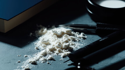 Police school classroom crime scene powder on desk with magnifying lens and tools suggesting forensic investigation mood