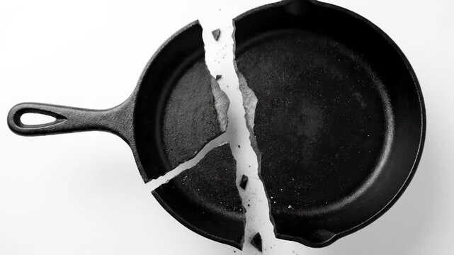 A stark, close-up view captures a heavy, dark cast iron skillet dramatically shattered into multiple fragments, splayed across a pristine white surface. The rough, rustic texture of the broken metal c
