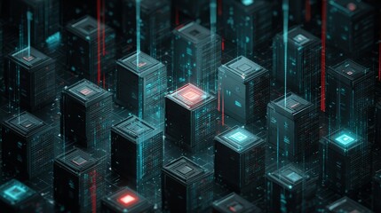 Futuristic digital city representing a global data network with glowing server racks and abstract light beams.