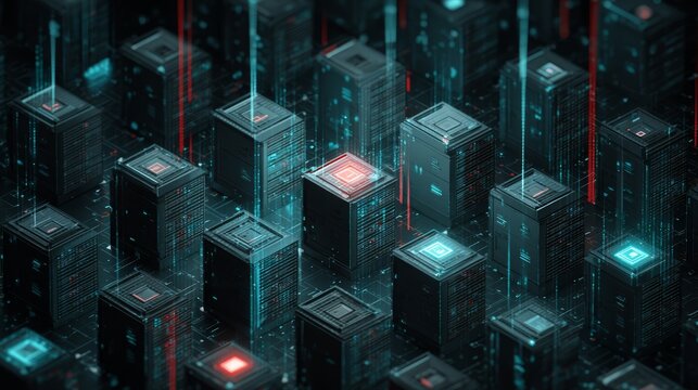 Futuristic digital city representing a global data network with glowing server racks and abstract light beams. - Powered by Adobe