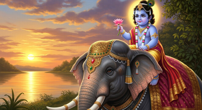 Divine Krishna Riding Majestic Elephant at Sunset.