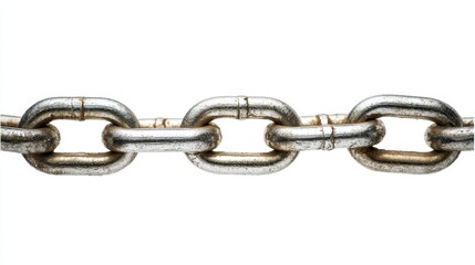 Obraz premium Close-up of a silver industrial metal chain segment isolated horizontally on a clean white background.