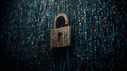 Glowing unlocked padlock formed by binary code against a dark digital background symbolizing cybersecurity and data protection concepts.