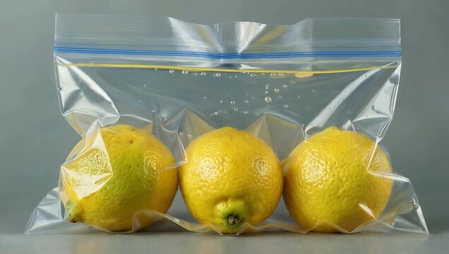 4K close up footage of three yellow lemons vacuum sealed sous vide cooking on gray background emphasizing freshness culinary preparation product presentation stock 