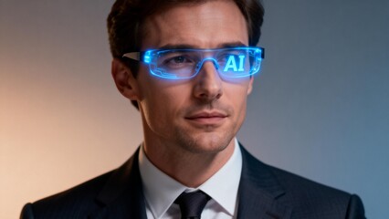 Man in suit wearing futuristic AI glasses