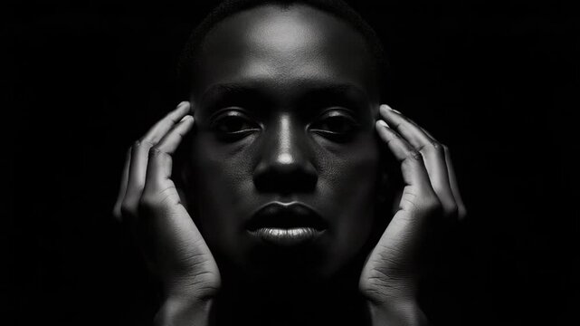 Dramatic black and white portrait sequence of a young adult african female. An emotional artistic concept showing a woman touching her face in a cinematic triptych banner