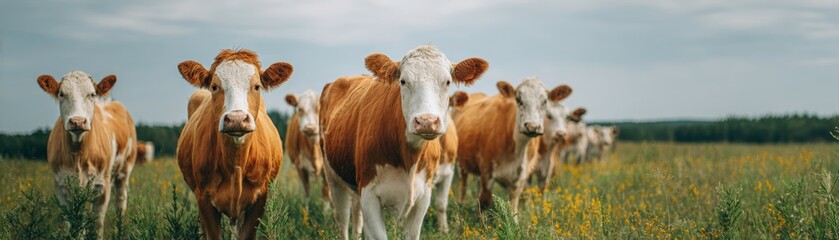 Obraz premium A herd of brown and white cows stands curiously in a vibrant green field with yellow flowers under a cloudy sky.