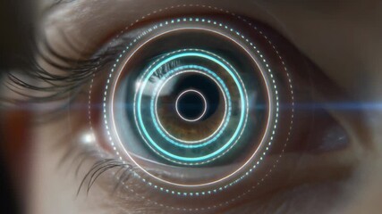 A human eye with digital concentric circles indicating futuristic technology or biometric scanning and advanced visual interface. - Powered by Adobe