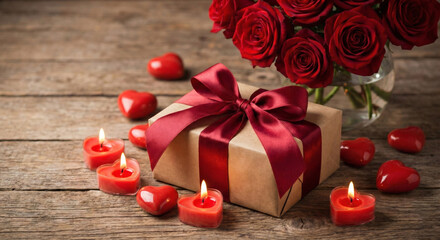 A rustic Valentine's scene with a gift and red roses.